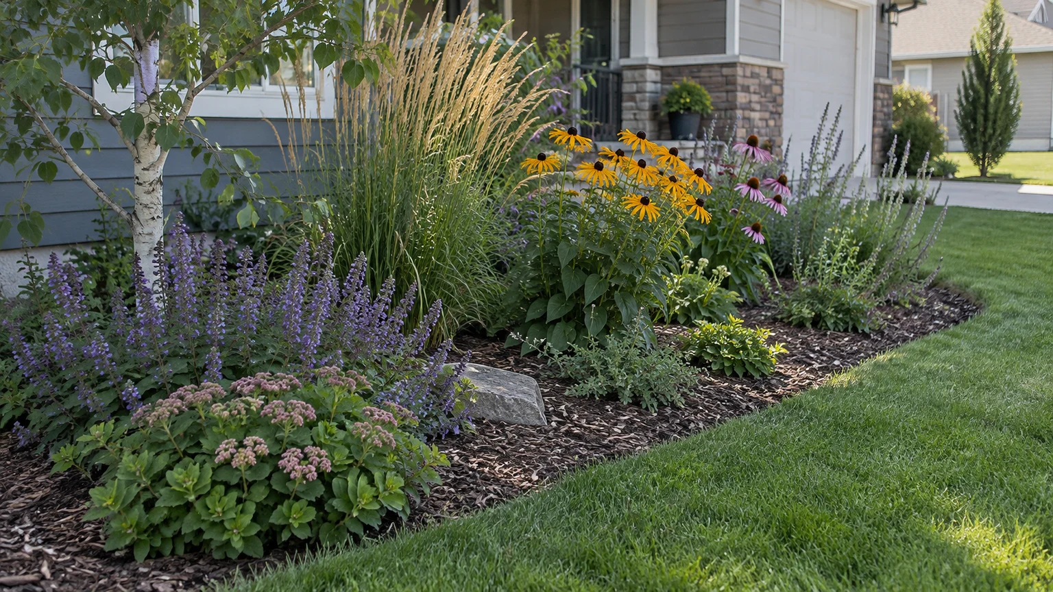 Defined garden beds, hydrangeas and a stone path beside a carefully maintained lawn