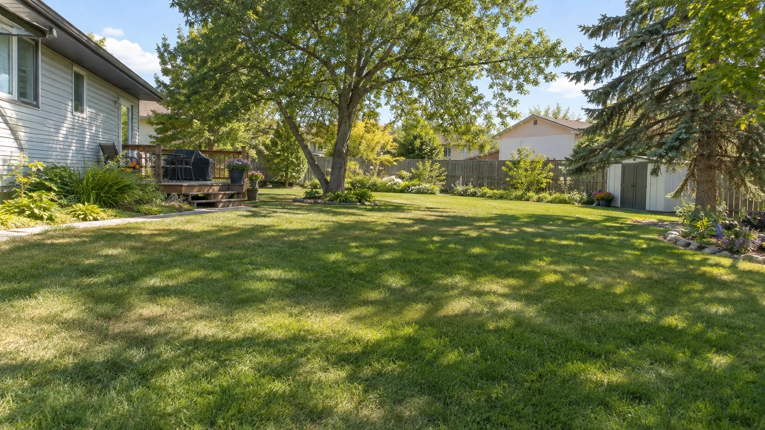 A lush residential lawn with subtle mowing stripes and a crisp garden edge
