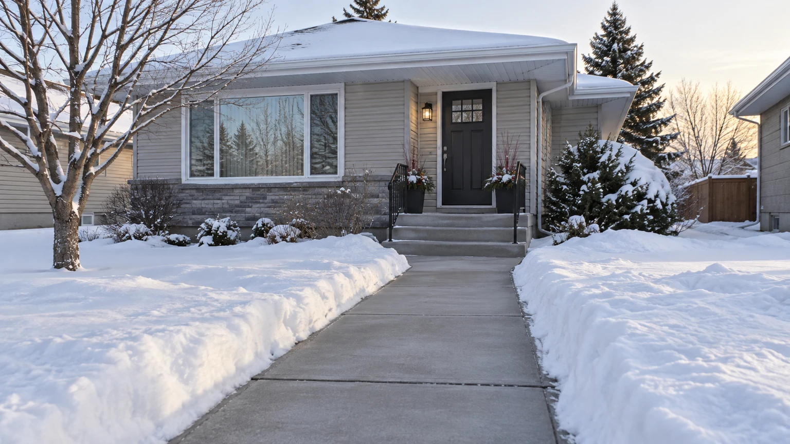 A ground-level view of a cleared walkway and driveway leading to a warmly lit home in winter