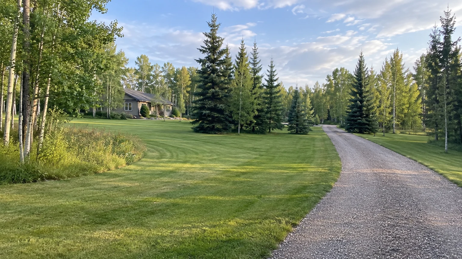 A maintained acreage lawn and private gravel access framed by mature Prairie trees.