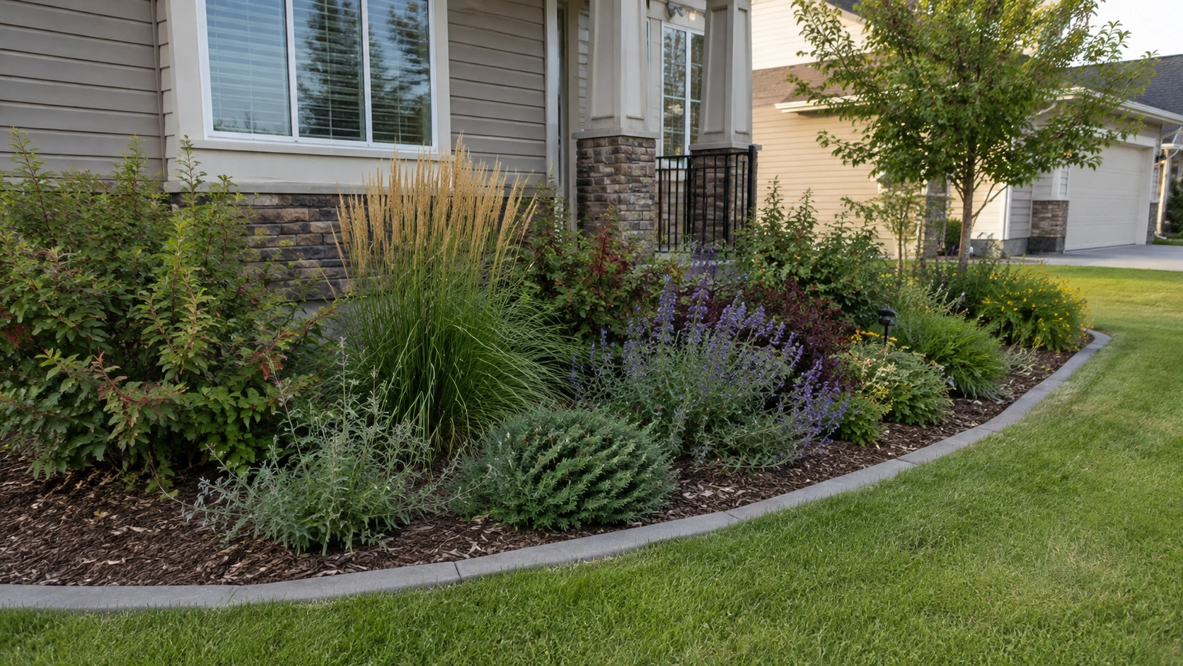 Established perennials, varied shrubs, natural mulch and a maintained bed edge.