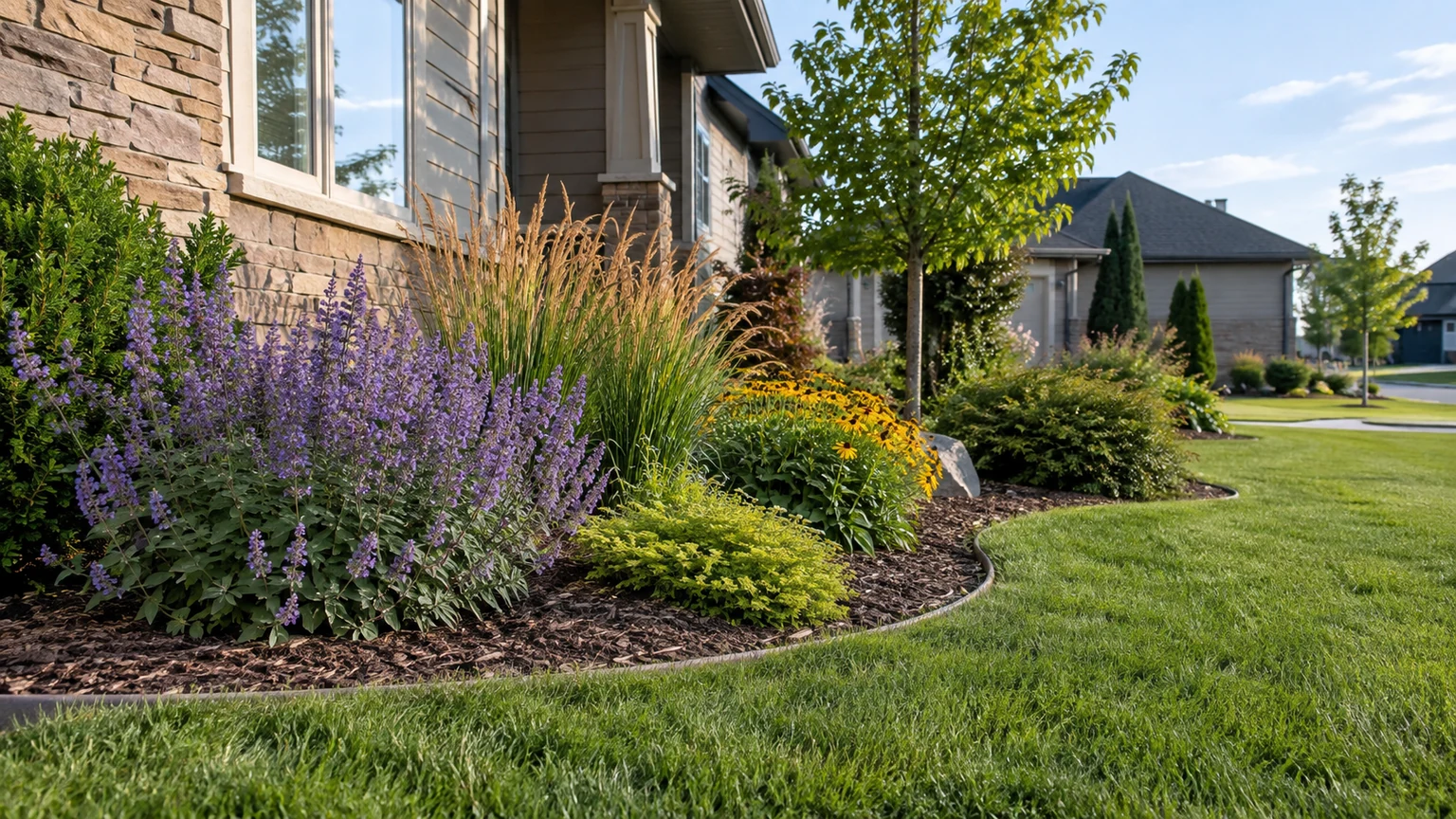 Maintained perennial bed with realistic prairie plantings, clean edging and natural mulch at an ordinary residential property.