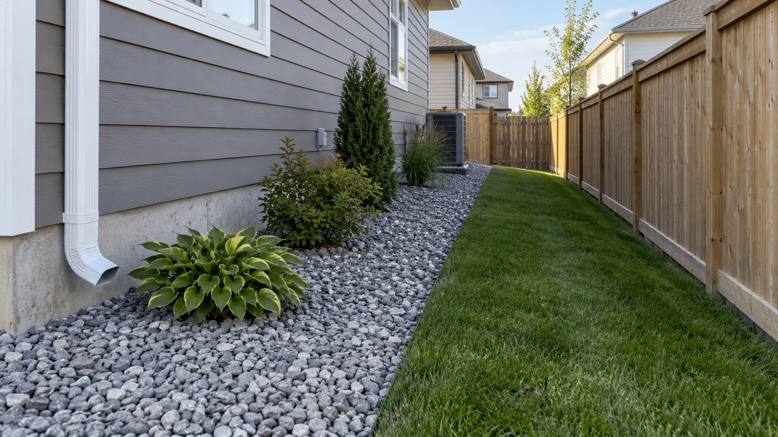 Neutral grey decorative rock installed neatly in a practical narrow residential landscape strip with clearances around plantings.