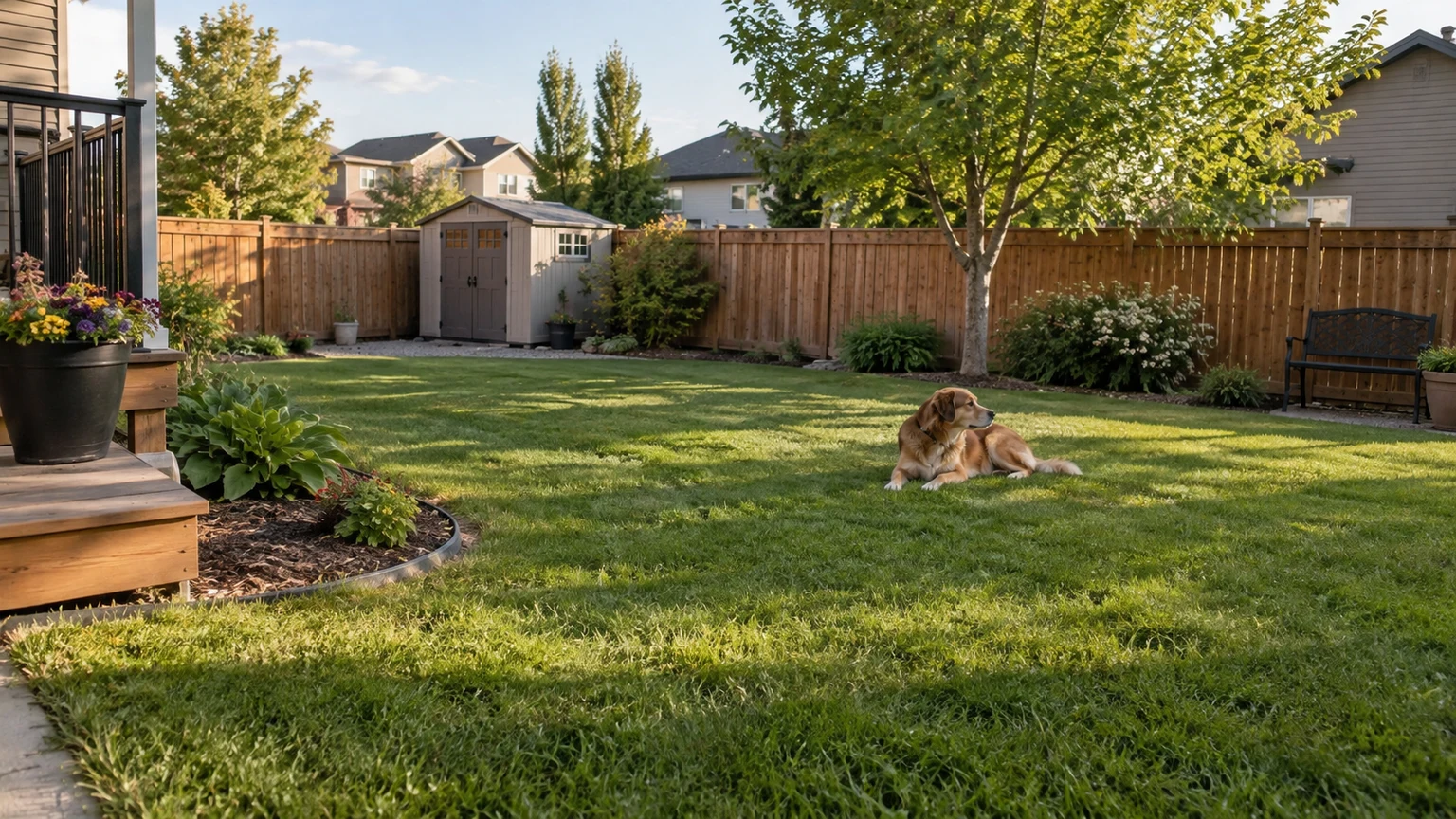 Clean dog-friendly prairie backyard with usable lawn space and a relaxed household setting; no service result or diagnosis implied.