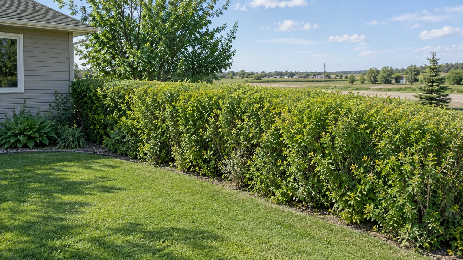 A neatly trimmed evergreen hedge bordering a maintained lawn beside a house.
