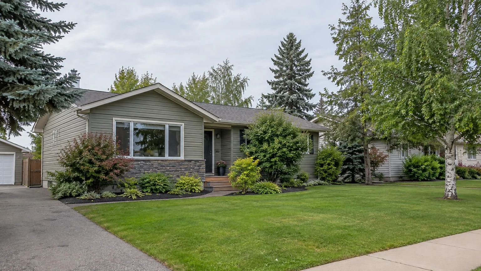 A maintained Saskatchewan front yard with layered shrubs, dark mulch beds and a healthy lawn in bright overcast daylight.