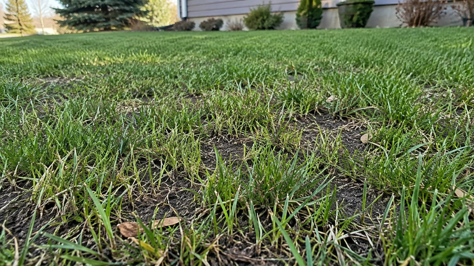 Ground-level detail of fine grass seedlings emerging through thin turf with small soil gaps after overseeding.