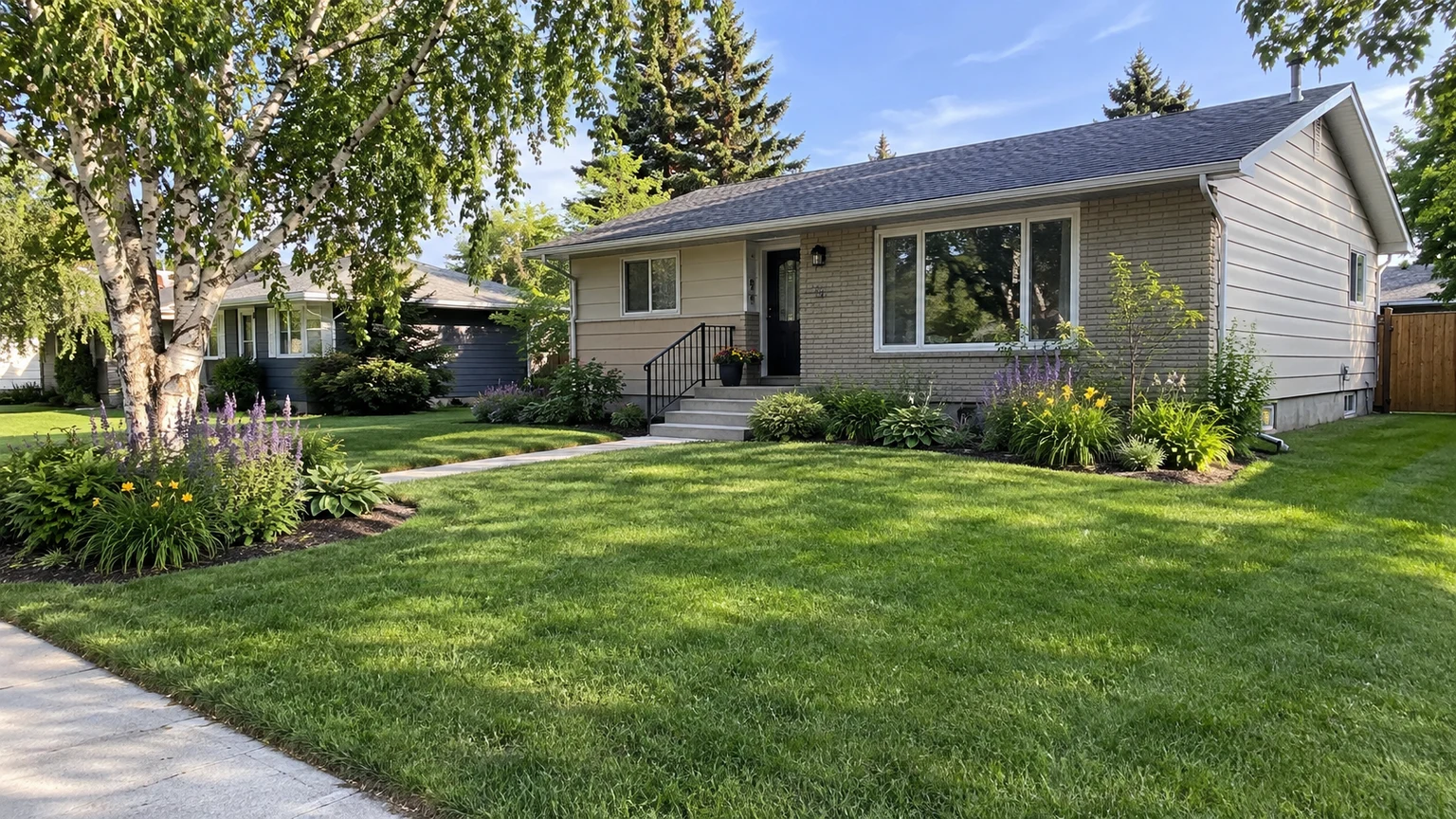 Illustrative Prairie property with maintained lawn and established planting.