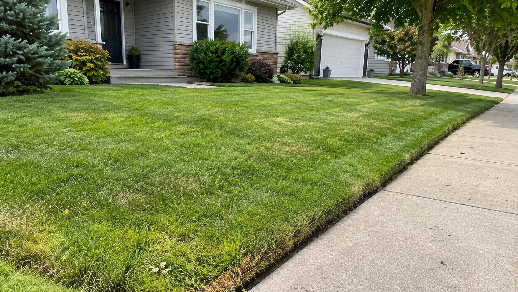 Maintained lawn meeting the concrete sidewalk at a Prairie home.