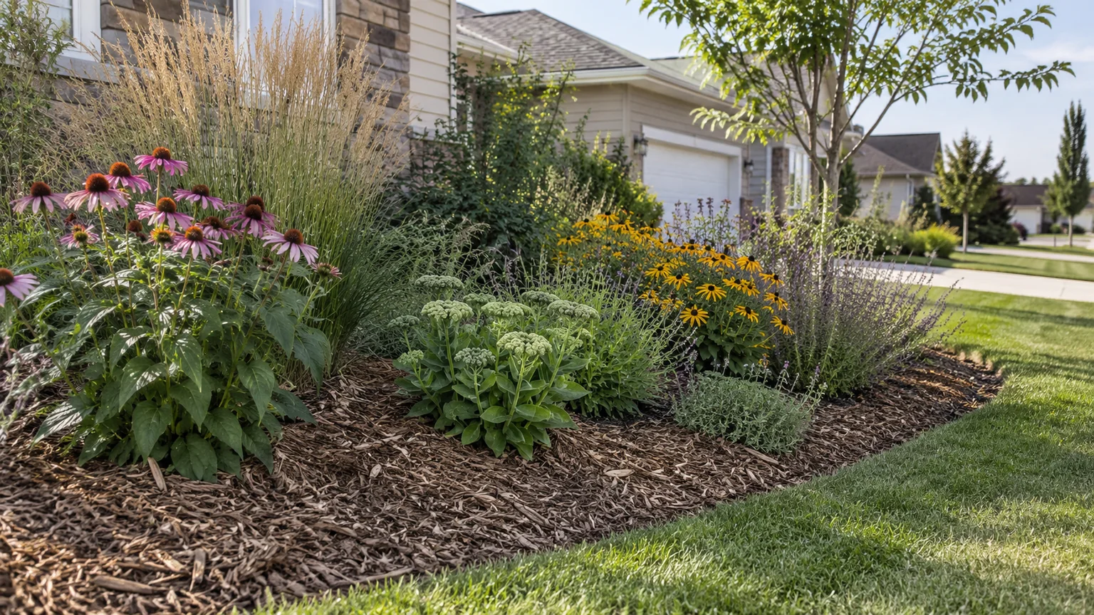 Fresh natural brown mulch around a birch tree and shrubs, meeting a crisp lawn edge.