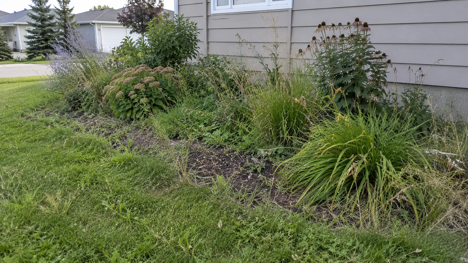 Neglected perennial bed with grass and weeds invading among surviving prairie perennials beside an ordinary home.