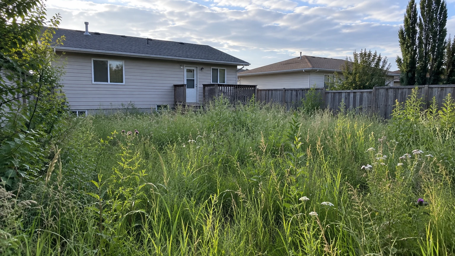 Overgrown residential backyard with knee-high mixed grasses beside a modest Saskatchewan house and fence.
