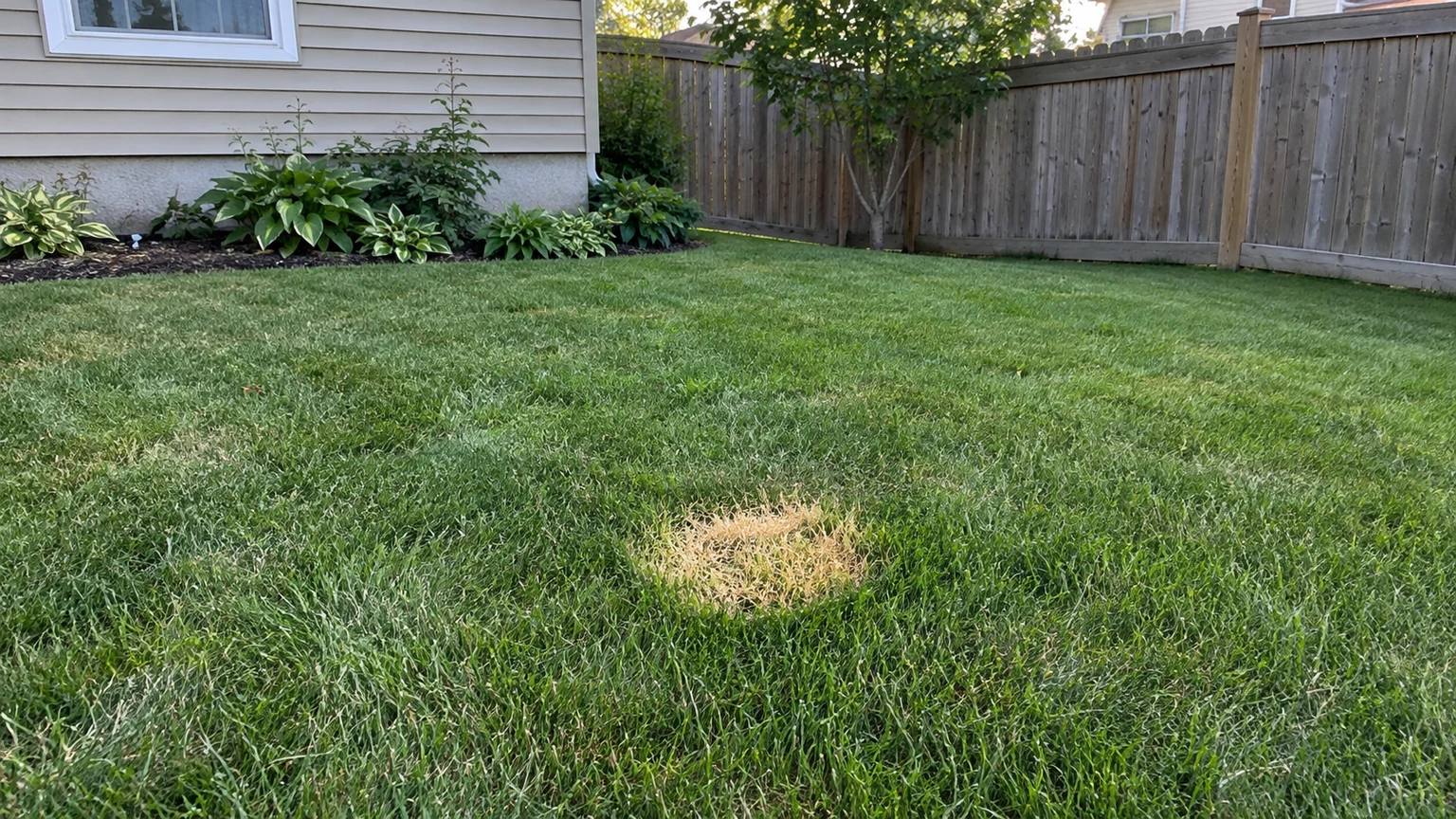 Small straw-coloured turf patch in an ordinary backyard context with surrounding healthy grass; no diagnosis implied.