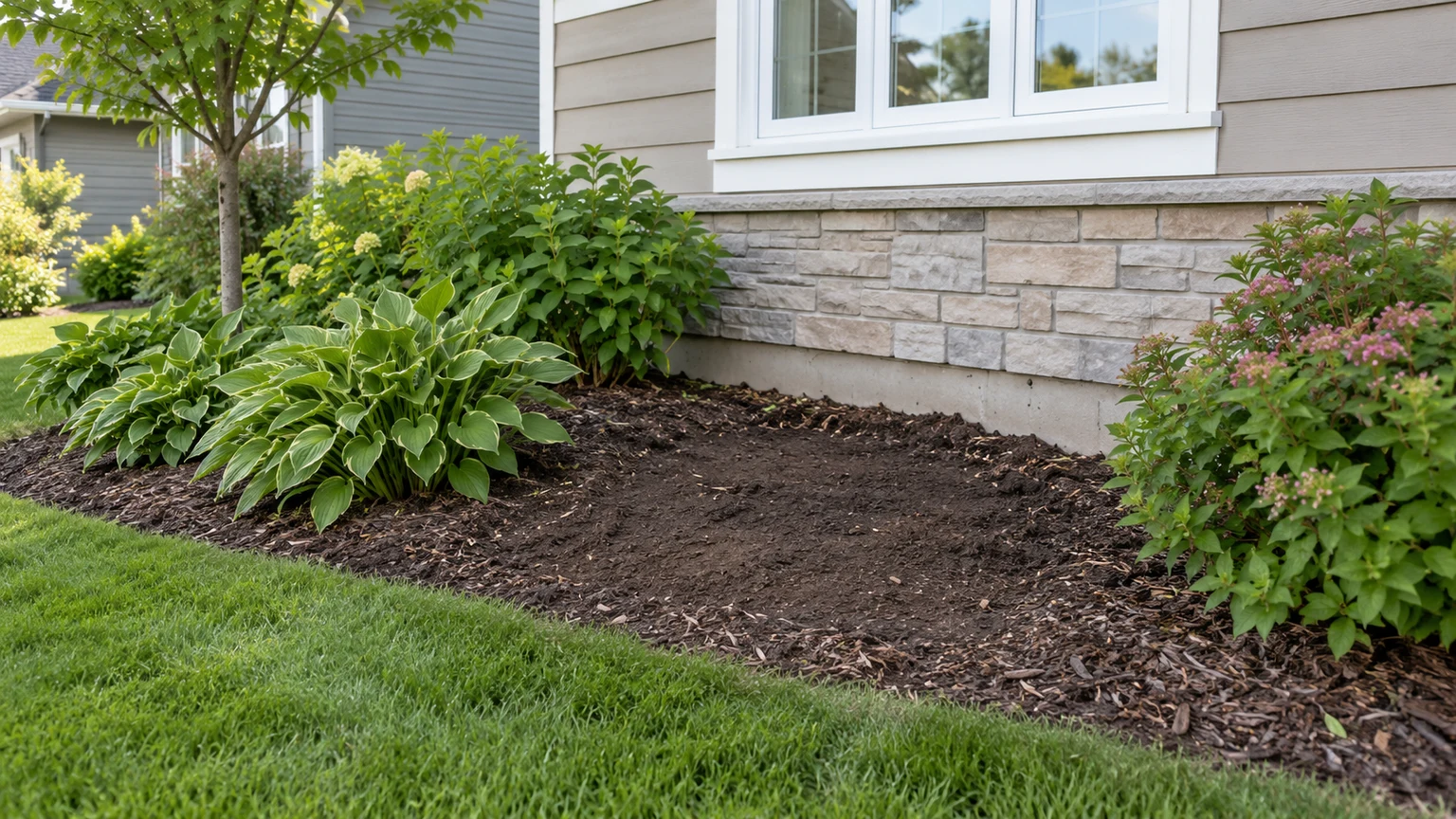 Residential landscape bed after shrub removal with a level soil opening and surrounding plants preserved.